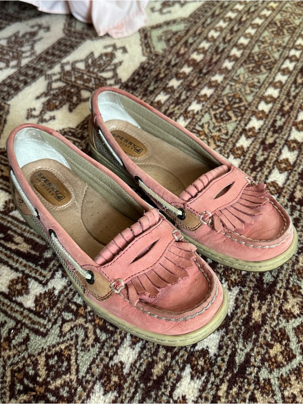 Sperry Pink Leather Kiltie Moccasins with Brown Accents